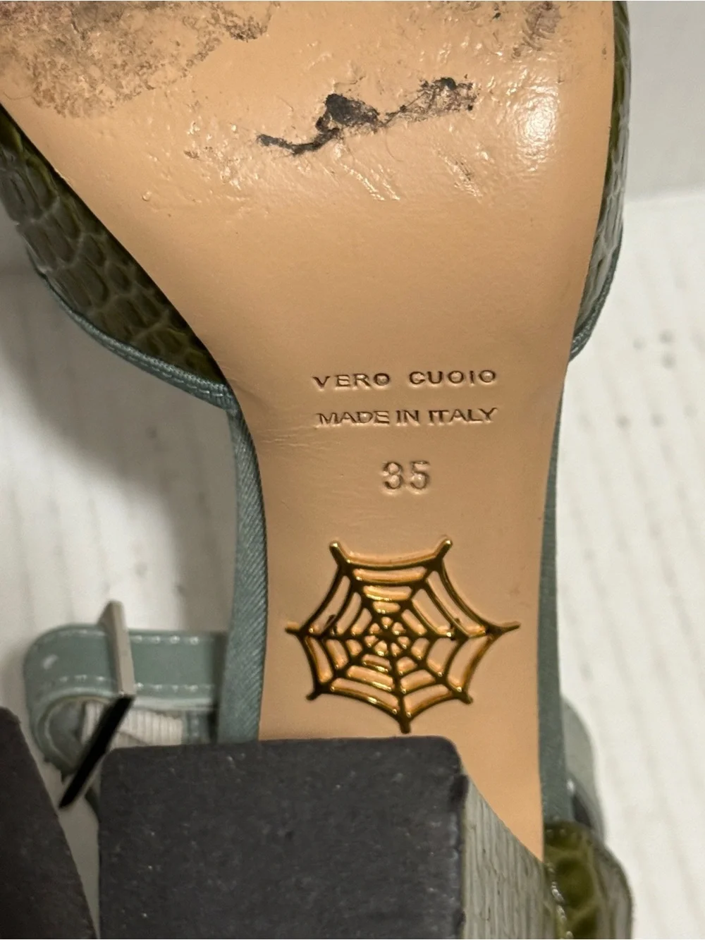 Charlotte Olympia Green Croc Embossed Leather Peep Toe Shoes Pin up Sz 35 5 US
